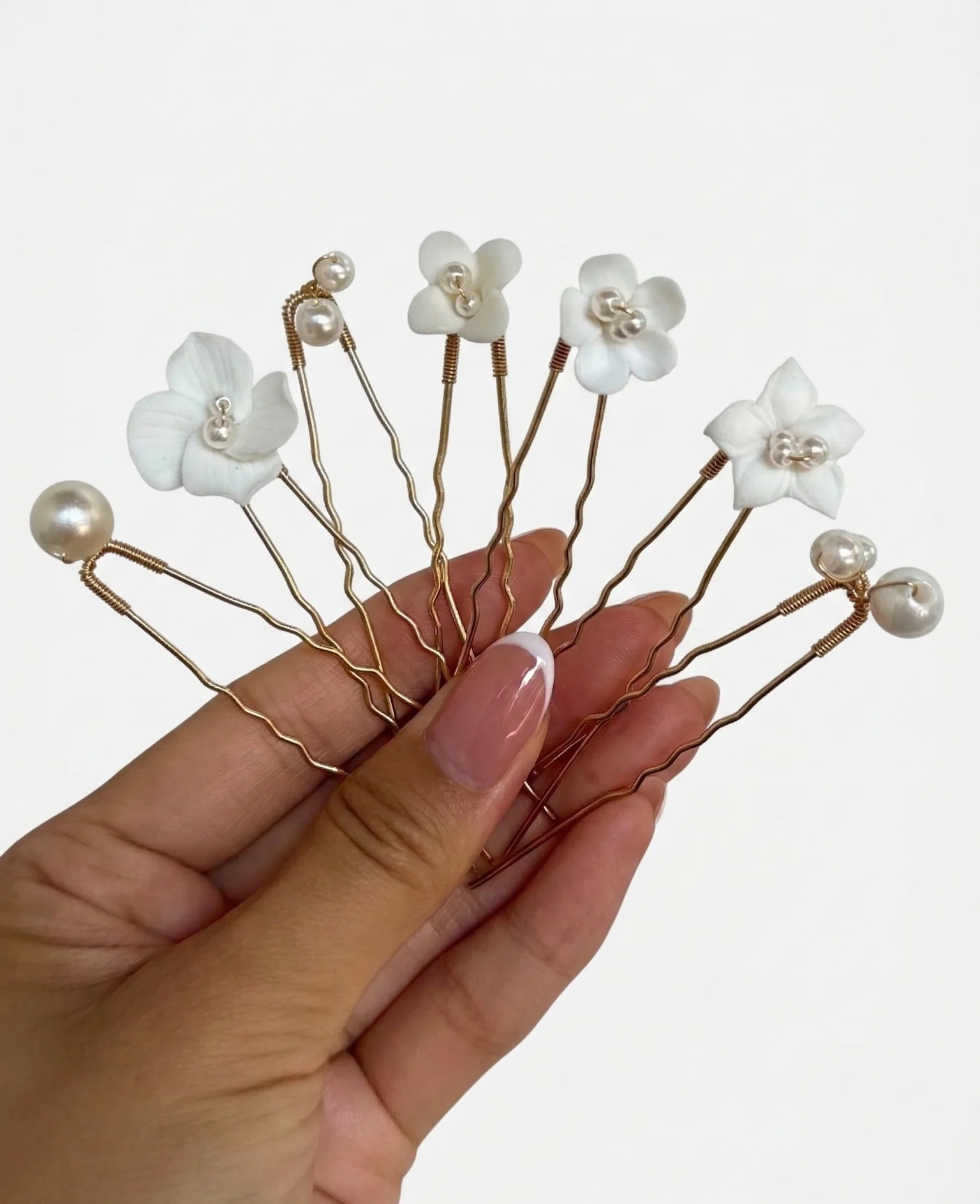 Bridal Ceramic Flower and Pearl Hairpins, Set of 7 - Image 7