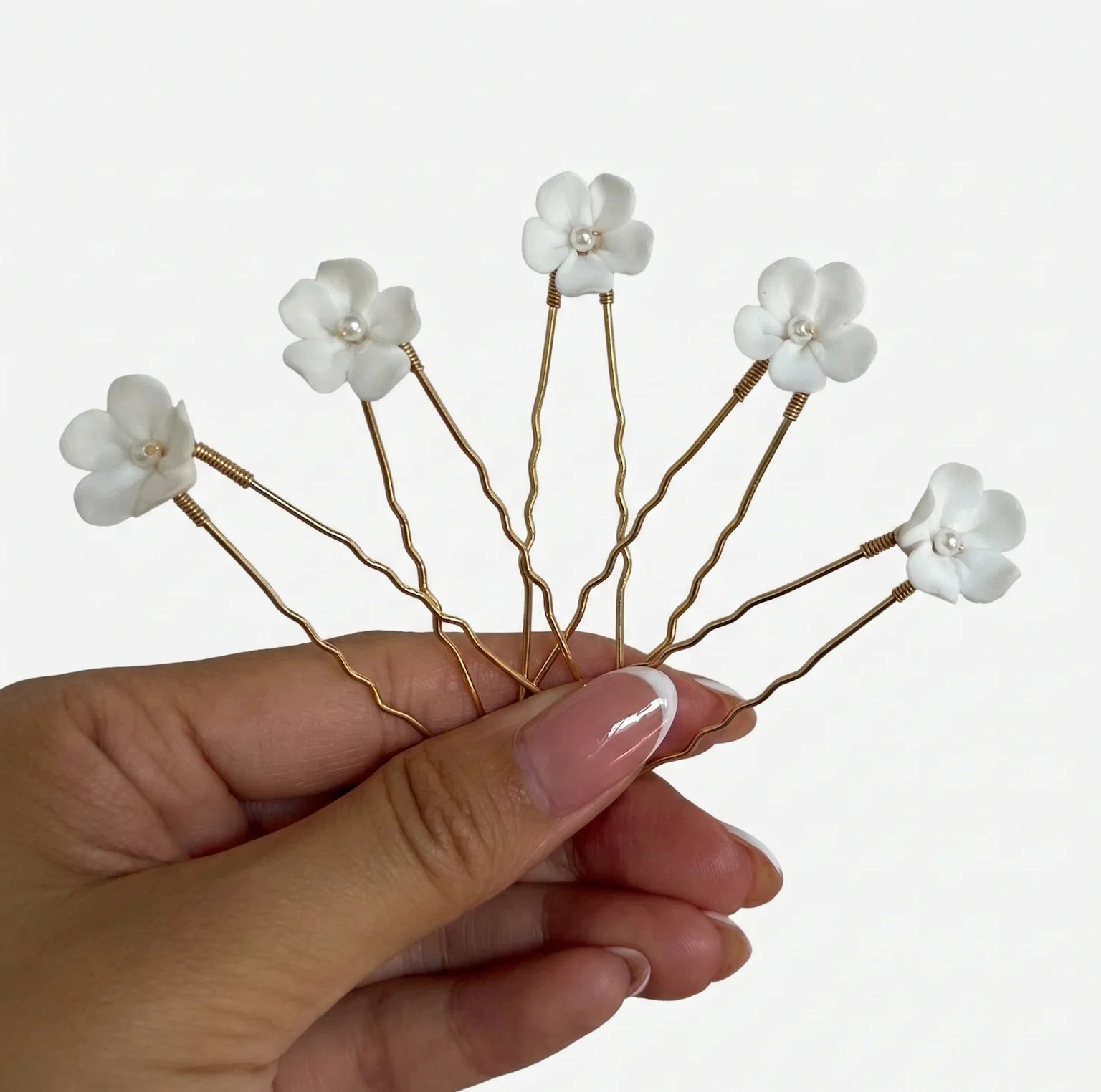 Dainty Bridal Ceramic Flower Hairpins, Set of 5 - Image 11