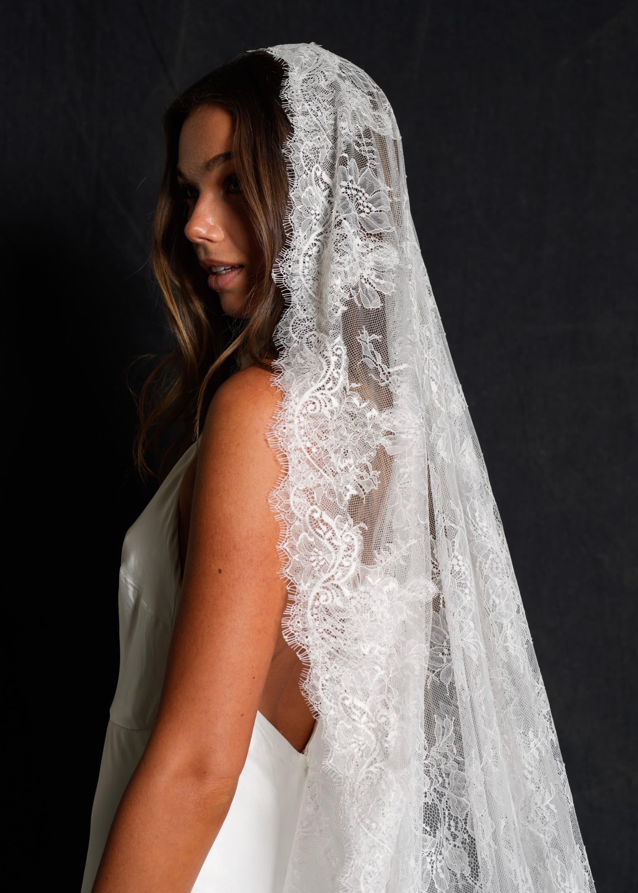 Chantilly Mantilla All Over Lace Veil, Single Tier, Cathedral Length - Image 6